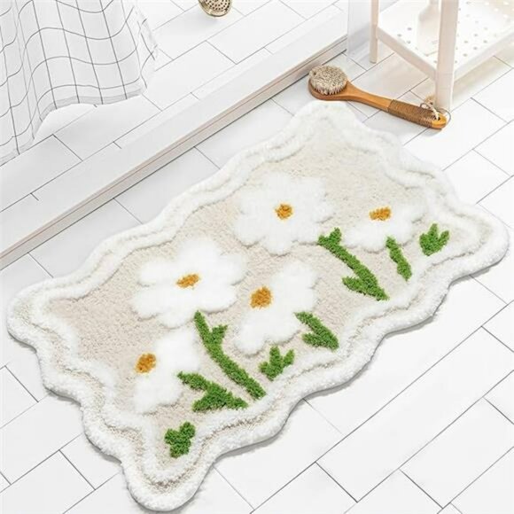 Floral Bathroom Rug Non Slip Beige Bath Mat Soft Absorbent Washable Shower Carpe - Picture 8 of 8